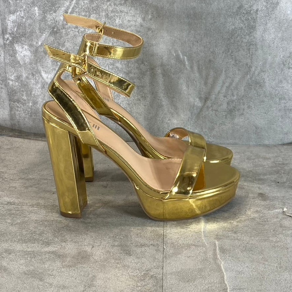 BAR III Women's Gold Patent Ivy Ankle-Strap Platform Stiletto Sandals SZ 5.5